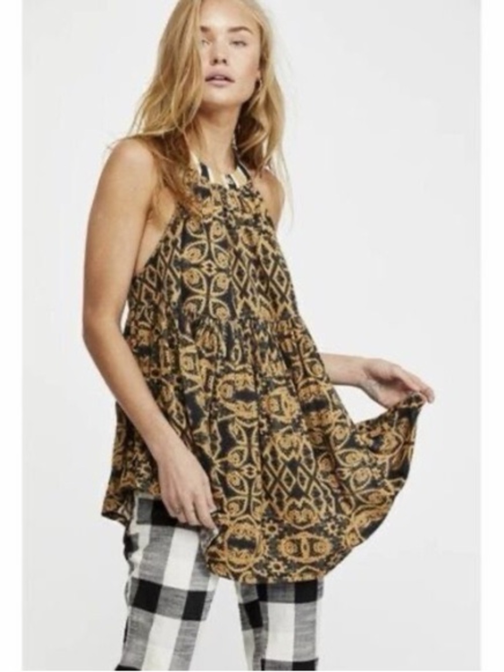 Free People Mimi Tunic Black and Gold Boho Printed Halter Camisole